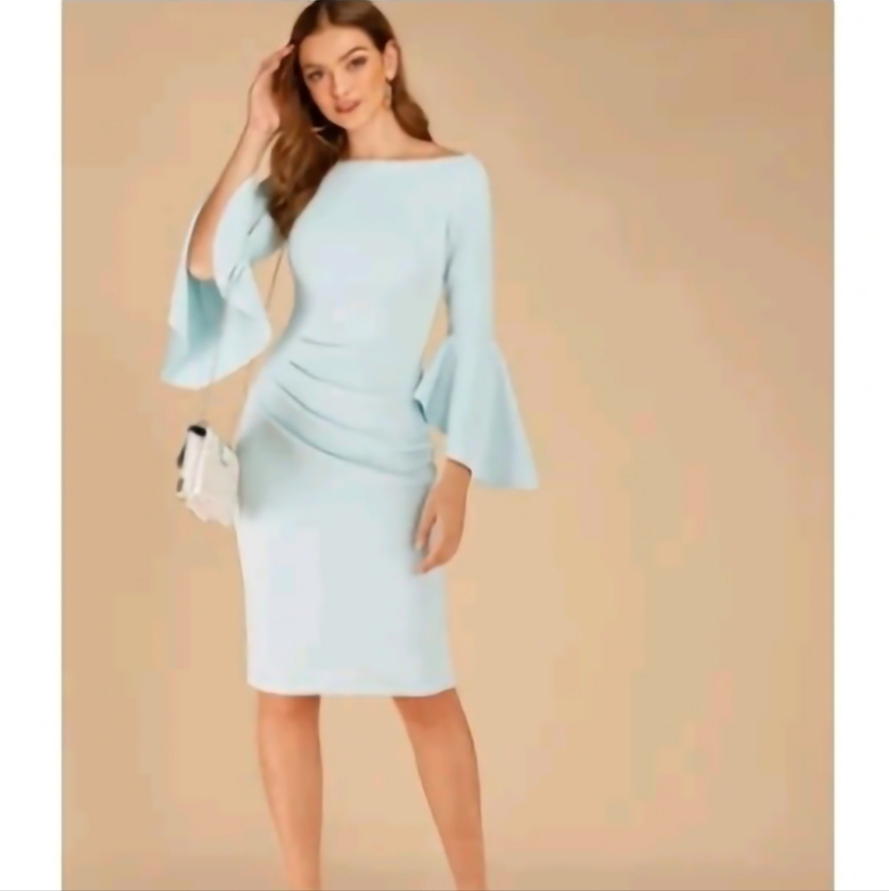 SHEIN Cotton Blend Baby Blue Flounce Sleeve Boat Neck Scoop Neck Bodycon Dress